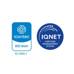 Logos de certificaciones ISO 9001 otorgadas por Icontec e IQNet para sistemas de gestión de calidad