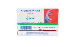 Empaque de Atorvastatina 40 mg Ecar – medicamento para reducir el colesterol.