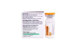 Frasco ampolla de Ceftriaxona inyectable 1 g para administración intramuscular o intravenosa.