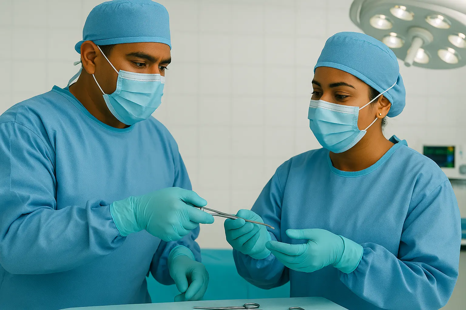 Dos cirujanos con indumentaria estéril intercambian instrumentos durante procedimiento en quirófano moderno