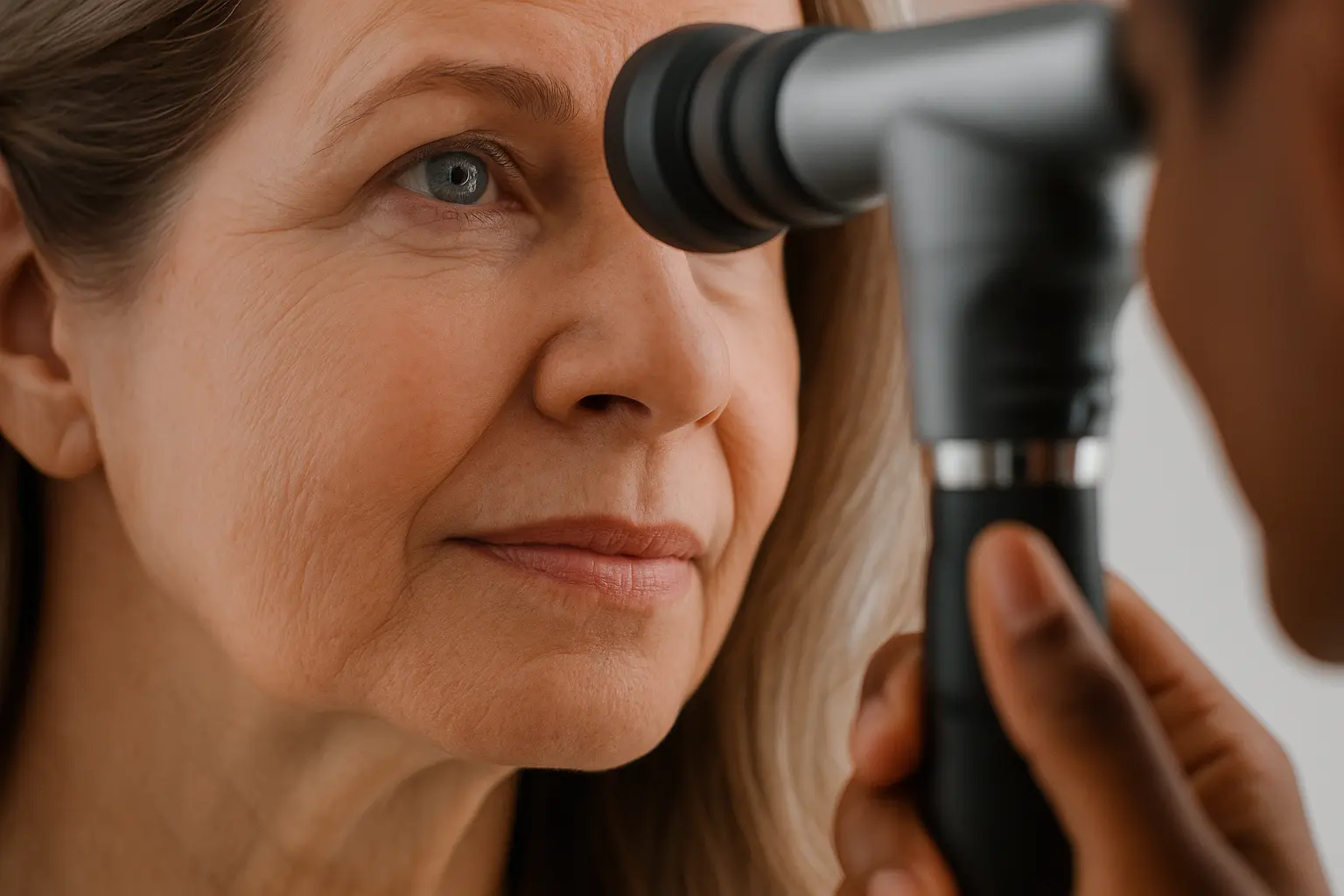 Mujer mayor recibe revisión ocular con oftalmoscopio durante chequeo de rutina en clínica especializada