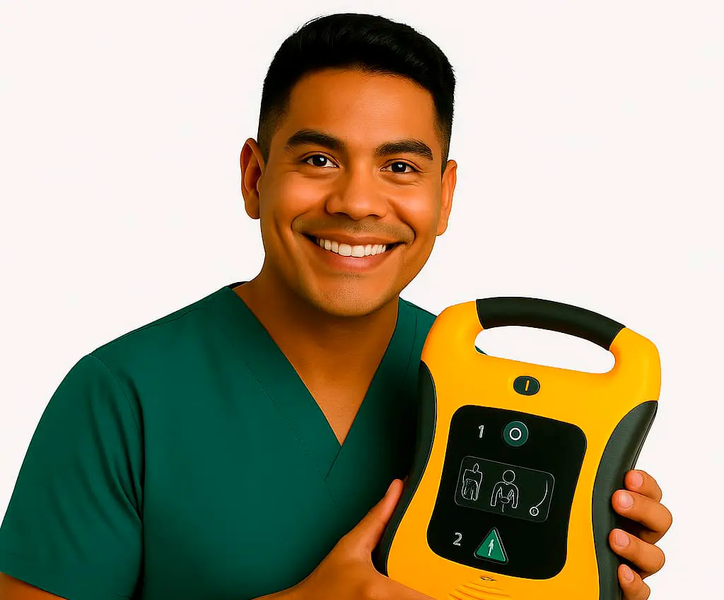 Profesional de la salud colombiano usando desfibrilador portátil con expresión amigable y confiada en ambiente clínico.