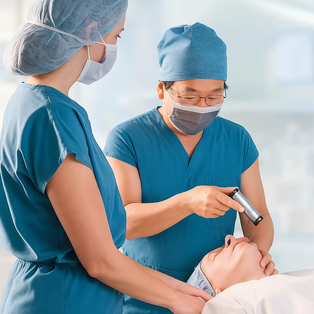 Profesionales de la salud utilizando un laringoscopio Welch Allyn durante un procedimiento médico en quirófano.