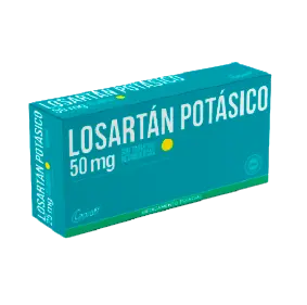 Caja de Losartán Potásico 50 mg de Laboratorios Laproff en presentación de tabletas recubiertas.