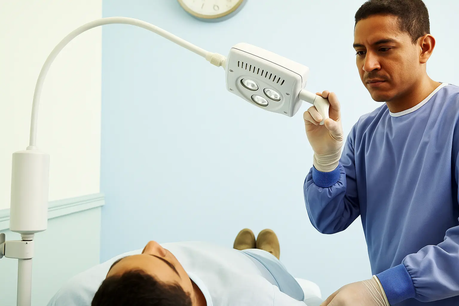 Médico ajusta lámpara de procedimiento sobre paciente antes de intervención en sala de examen ambulatorio
