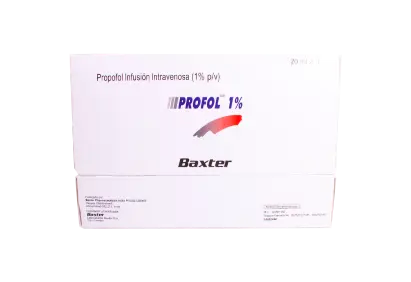 Caja de Profol Baxter 1% – solución inyectable de propofol para sedación y anestesia general.