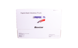 Caja de Profol Baxter 1% – solución inyectable de propofol para sedación y anestesia general.