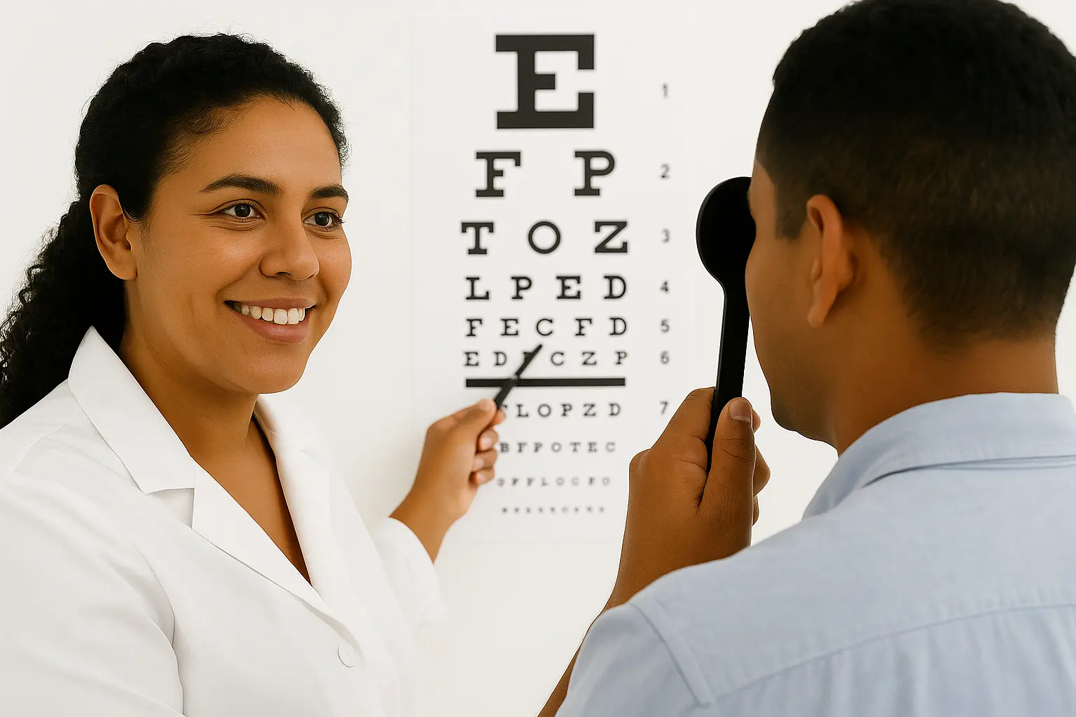 Profesional de optometría en aplica prueba visual con cartilla Snellen a paciente durante evaluación preventiva