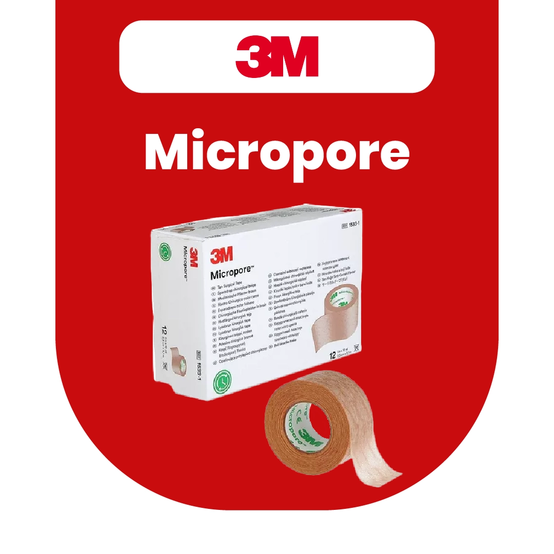Cinta quirúrgica Micropore de 3M en caja dispensadora, ideal para fijación médica suave y segura sobre la piel