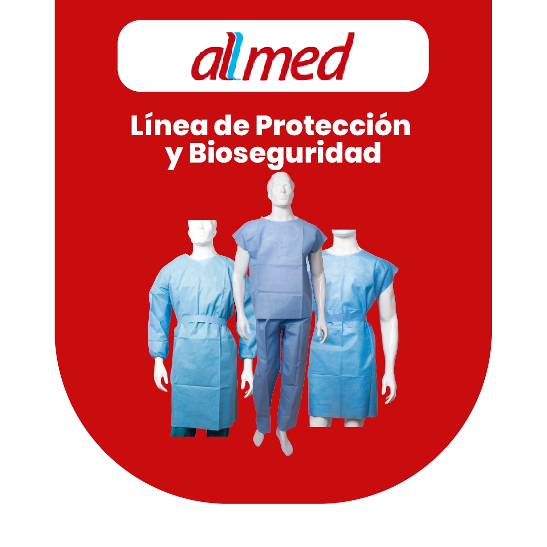 Uniformes de protección y bioseguridad Allmed para el sector salud, incluyendo batas quirúrgicas y ropa médica desechable.