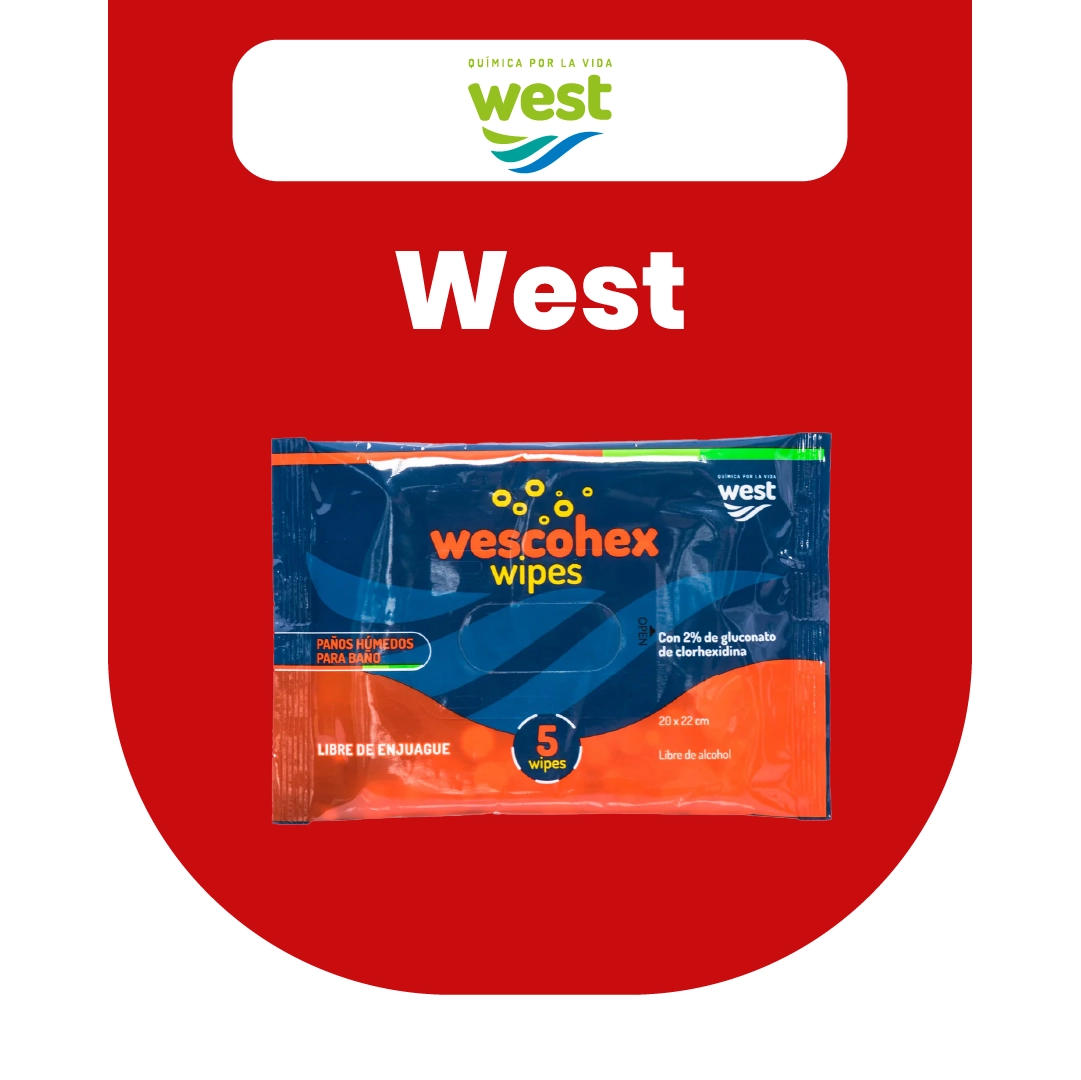 Toallitas antisépticas Wescohex de la marca West en empaque individual sobre fondo rojo promocional.