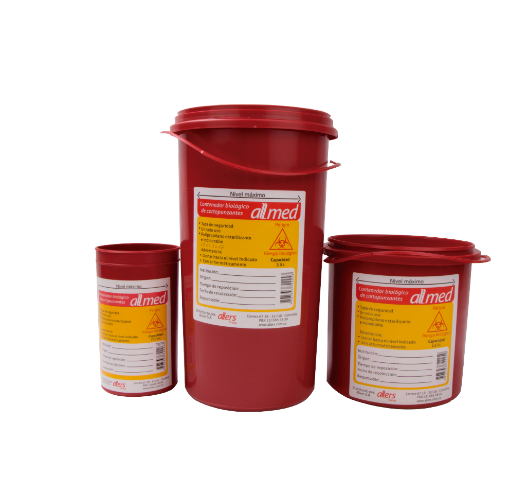 Contenedor Allmed para desecho seguro de objetos cortopunzantes en centros médicos.
