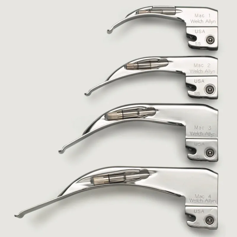 Hoja curva laringoscopio MacIntosh luz halógena Welch Allyn en acero inoxidable, todos los tamañosHoja curva laringoscopio MacIntosh luz halógena Welch Allyn en acero inoxidable, tamaños 1 (69041), 2 (69042), 3 (69043) y 4 (69044)