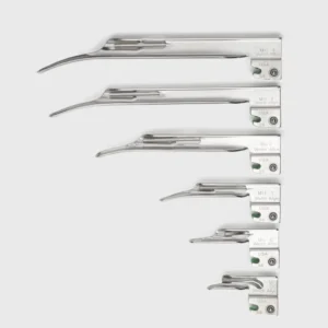 Hojas de laringoscopio recta Miller de fibra óptica en acero inoxidable, disponibles en tamaños #00, #0, #1, #2, #3 y #4, ideales para intubación neonatal, pediátrica y adulta. Welch Allyn