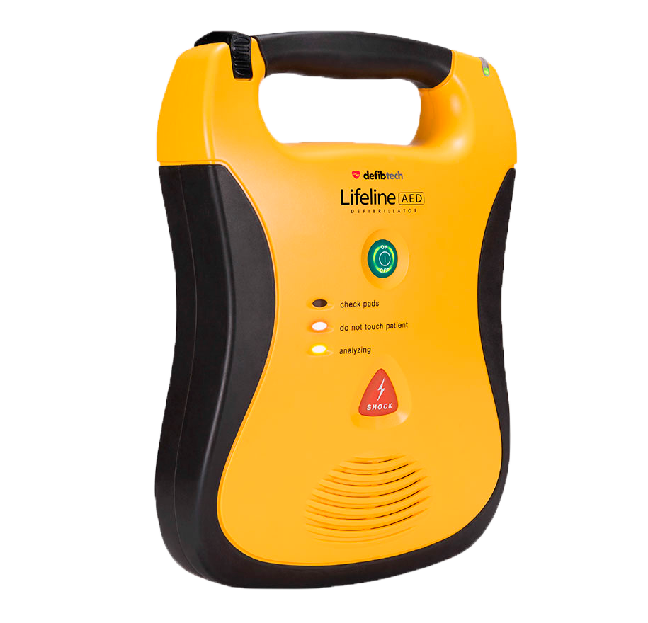 Desfibrilador externo automático Lifeline AED de Defibtech, compacto y fácil de usar en emergencias cardiacas.