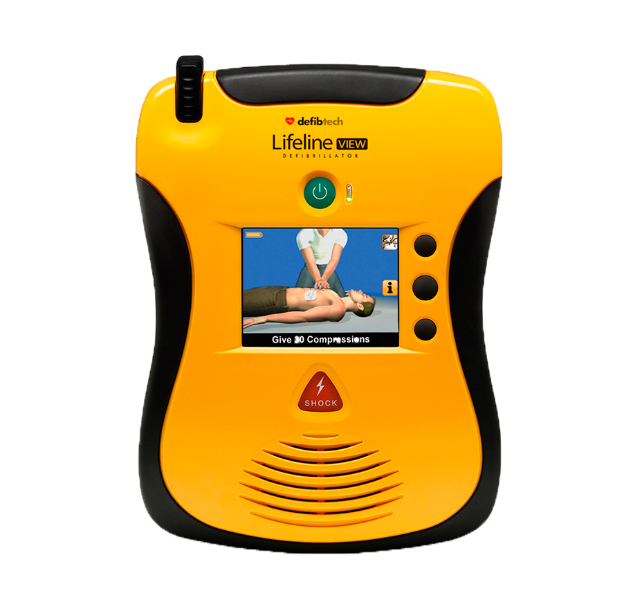 Desfibrilador externo Lifeline VIEW con pantalla interactiva que guía al usuario con animaciones durante la reanimación.