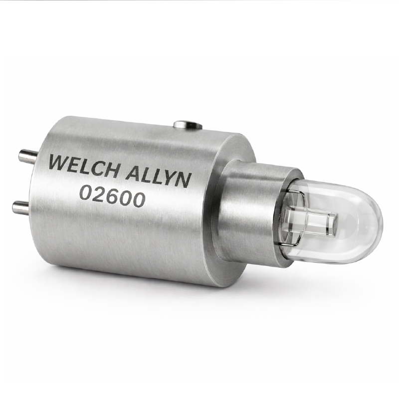 Detalle bombillo halógeno Welch Allyn 02600 estructura del bombillo y acabado del material