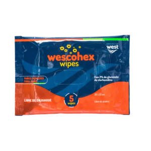 Paños húmedos Wescohex Wipes con clorhexidina para baño de pacientes.