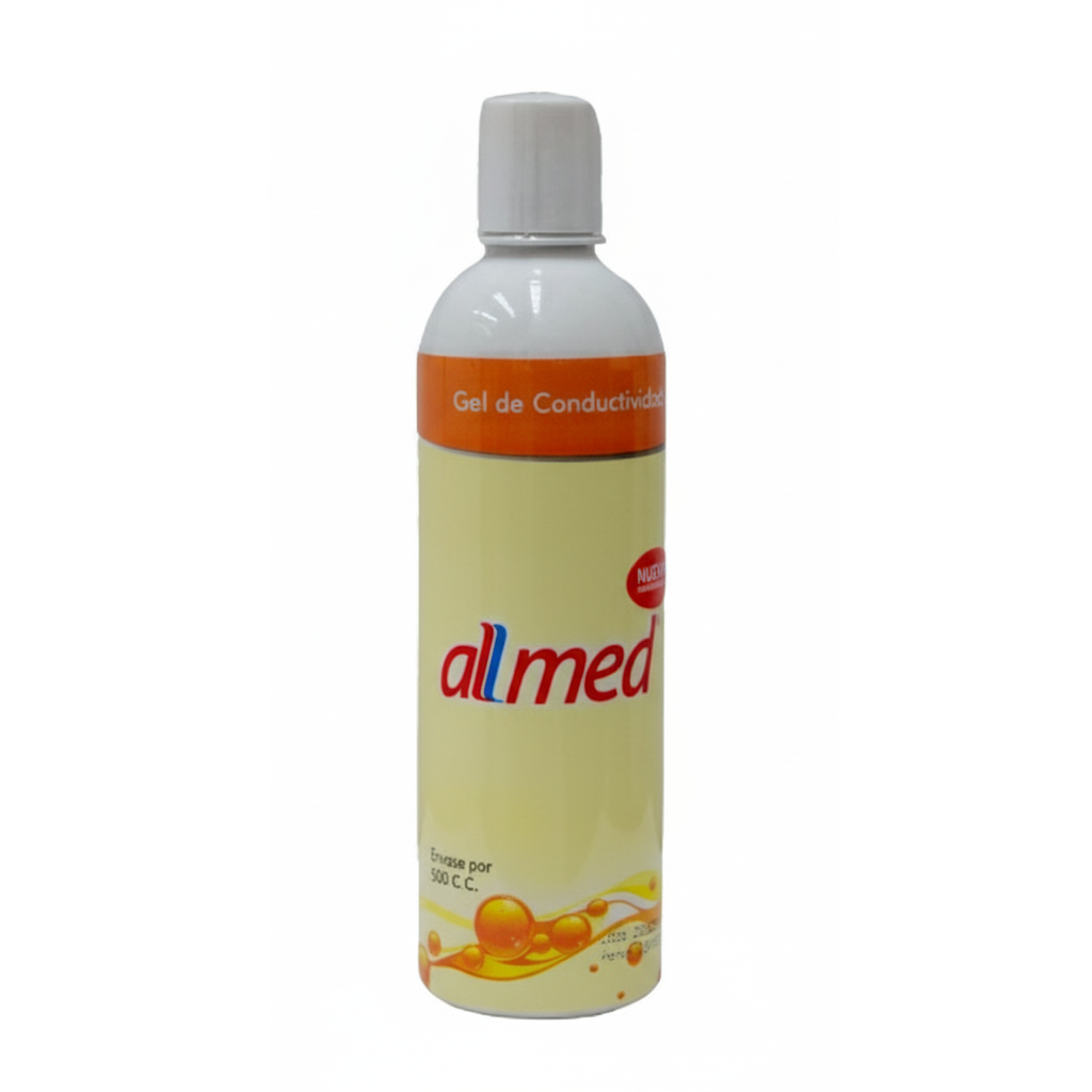 Gel de ultrasonido Allmed 500 ml transparente con pH neutro, ideal para ecografías y diagnóstico por imagen. Uso clínico profesional.