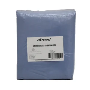 Campo operatorio fenestrado no estéril Allmed PT0203031, paquete de 10 unidades, con fenestra central de 6 cm y material SMS 35 g, ideal para cirugía menor y urgencias.