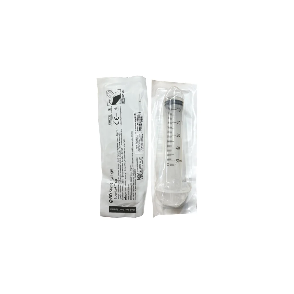 Jeringa BD Plastipak de 50 ml Luer-Lok sin aguja, libre de látex, con tapón de caucho sintético