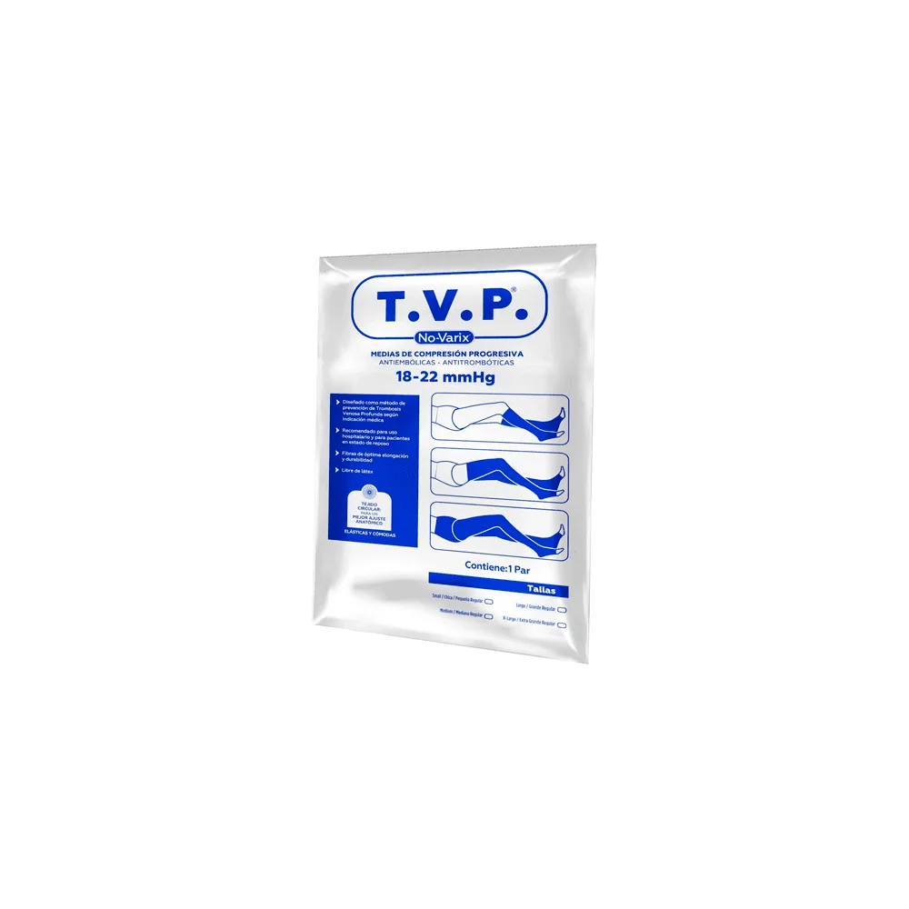 Media antiembólica T.V.P. No-Varix hasta el muslo, color blanco y puntera abierta