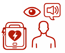 Iconos de desfibrilador DEA con guía visual y asistencia por voz para emergencias