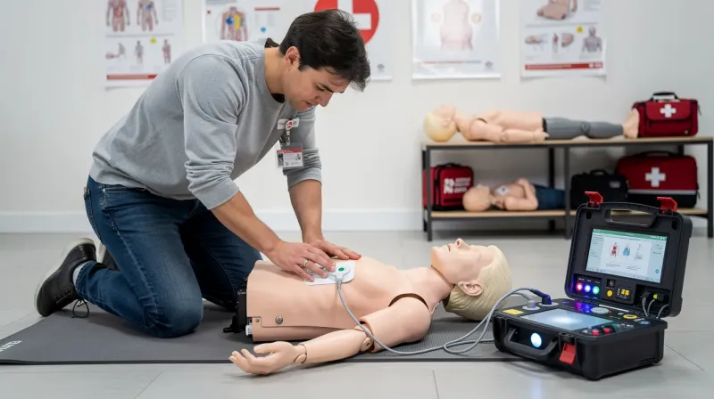 Una persona está practicando reanimación cardiopulmonar (RCP) con un maniquí de entrenamiento, mientras coloca electrodos adhesivos en el pecho del maniquí, simulando el uso de un desfibrilador externo automático (DEA) en situaciones de emergencia. Esta actividad resalta la importancia de la formación en reanimación y el uso adecuado de dispositivos que pueden salvar vidas.