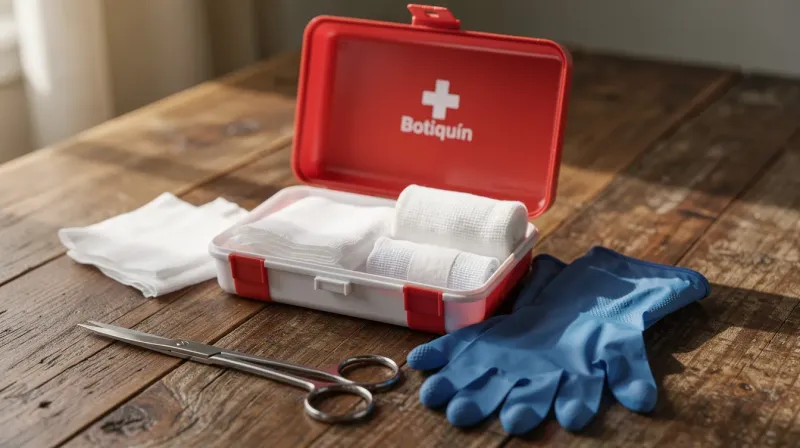 El botiquín de primeros auxilios está abierto sobre una mesa de madera, mostrando una variedad de suministros esenciales como gasas, vendas, guantes de látex y tijeras, listos para ser utilizados en caso de emergencias en el hogar. Estos elementos son fundamentales para atender lesiones y proporcionar una solución rápida en situaciones de salud.