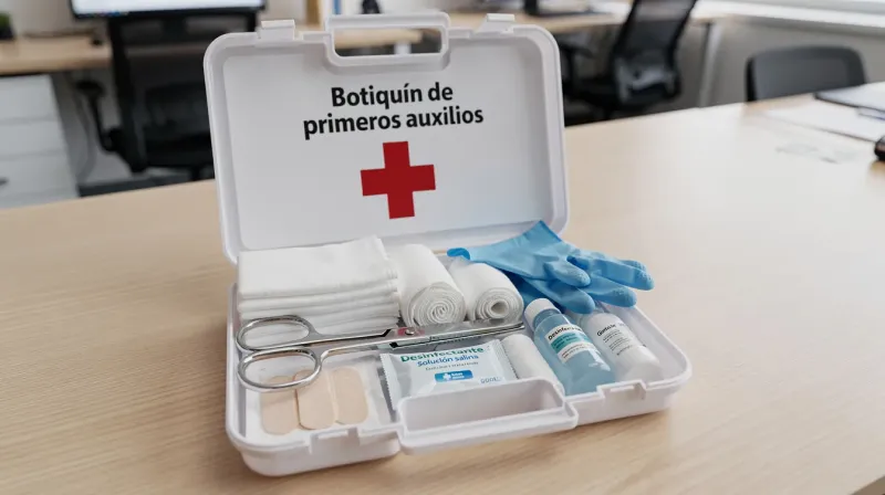 El botiquín de primeros auxilios está abierto sobre una mesa de madera, mostrando una variedad de suministros esenciales como gasas, vendas, guantes de látex y tijeras, listos para ser utilizados en caso de emergencias en el hogar. Estos elementos son fundamentales para atender lesiones y proporcionar una solución rápida en situaciones de salud.
