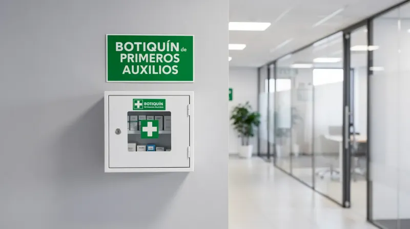 Imagen en primer plano de un botiquín de primeros auxilios que incluye gasas, guantes de nitrilo azul, vendas, tijeras y un frasco de antiséptico, todos organizados de manera ordenada, listos para ser utilizados en caso de emergencias. Estos suministros son esenciales para el cuidado de lesiones en el hogar y para atender a la familia.