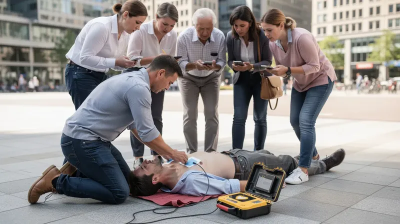 Un grupo de personas se encuentra en un espacio público, rodeando a alguien tendido en el suelo mientras utilizan un desfibrilador externo automático. La escena destaca la importancia de la reanimación cardiopulmonar y la respuesta rápida en situaciones de emergencia para salvar vidas.