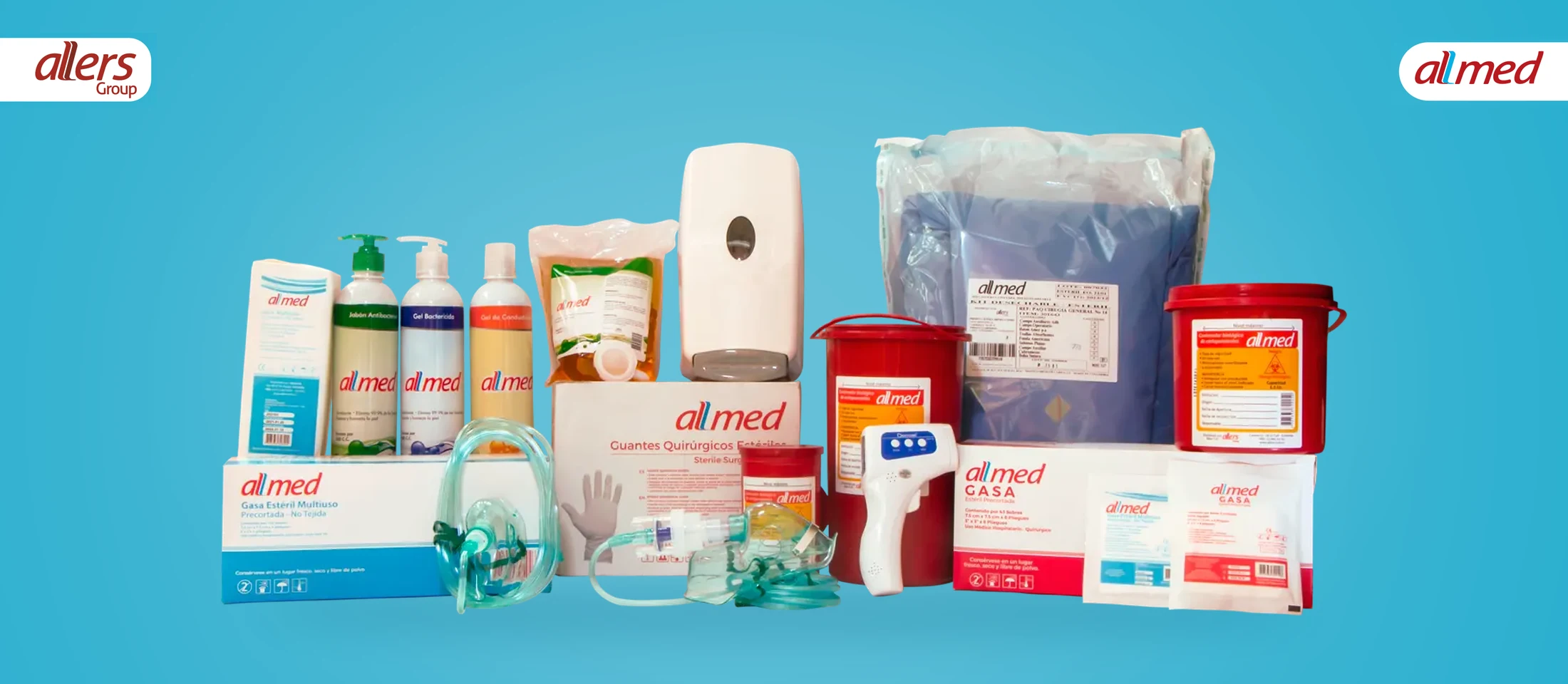 Portafolio Allmed: gasas estériles, jabón y gel bactericida, gel de conductividad, guantes quirúrgicos, guardianes para cortopunzantes, kit de cirugía general, micronebulizador y máscara de oxígeno