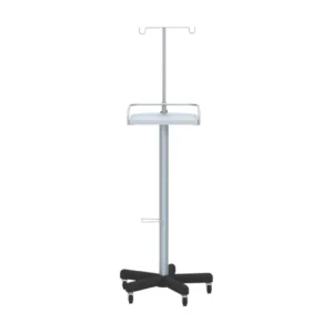 Atril multiusos en acero inoxidable de Mubi Medical con bandeja auxiliar, porta suero y base de cinco ruedas