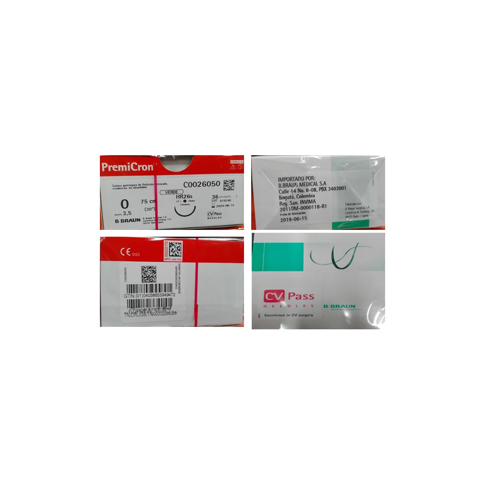 Sutura PremiCron B. Braun de poliéster trenzado verde no absorbible con aguja de acero inoxidable