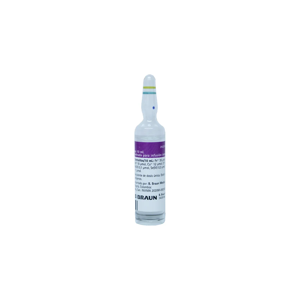 Ampolla de vidrio de 10 mL de Tracutil B. Braun con solución concentrada de oligoelementos