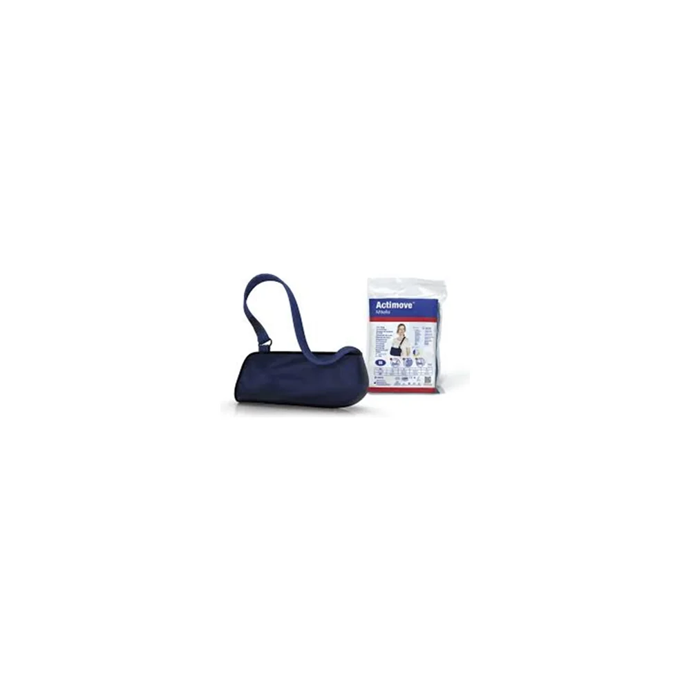 Cabestrillo de brazo Actimove Mitella de BSN extendido sobre fondo blanco