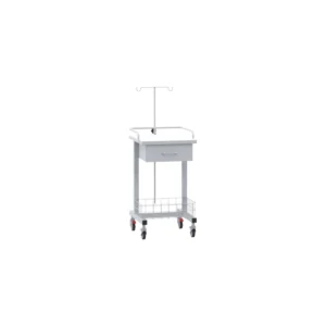 Carro hospitalario para electrocardiógrafo de Mubi Medical con gaveta superior, porta suero y canastilla inferior