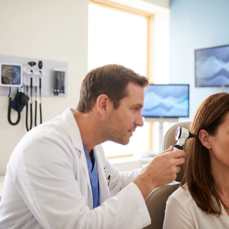 Médico examinando el oído de un paciente con otoscopio