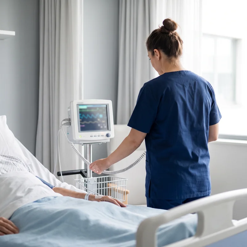 Enfermera ajustando un monitor de signos vitales junto a la cama del paciente