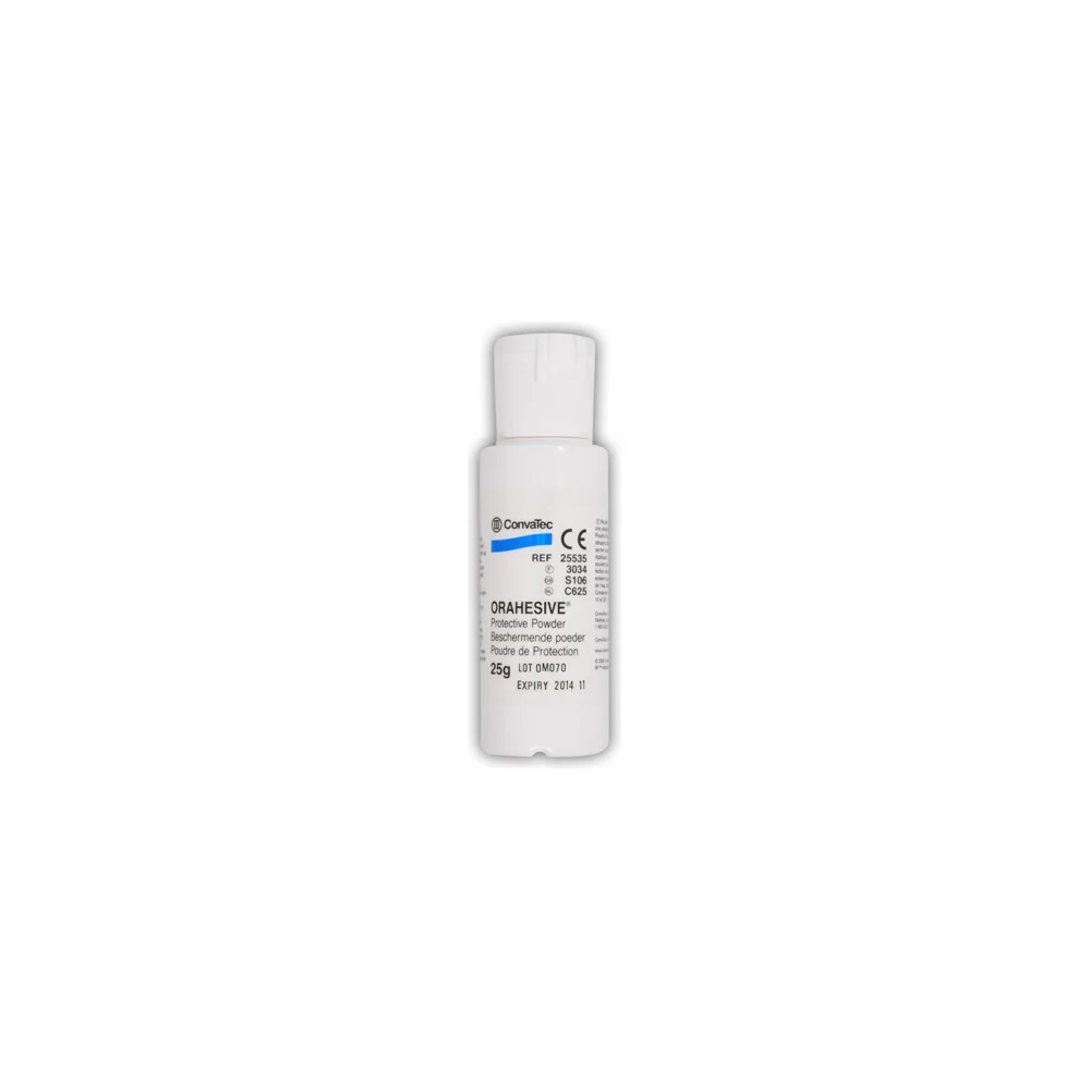 Frasco de polvo protector Stomahesive de Convatec con hidrocoloides para la piel periestomal