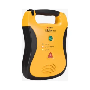 Desfibrilador externo semiautomático Defibtech Lifeline AED DDU-100 de carcasa amarilla y negra, con botón de encendido y botón de descarga