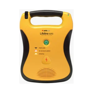 Desfibrilador externo totalmente automático Defibtech Lifeline AUTO DDU-120, carcasa amarilla y negra con un único botón de encendido