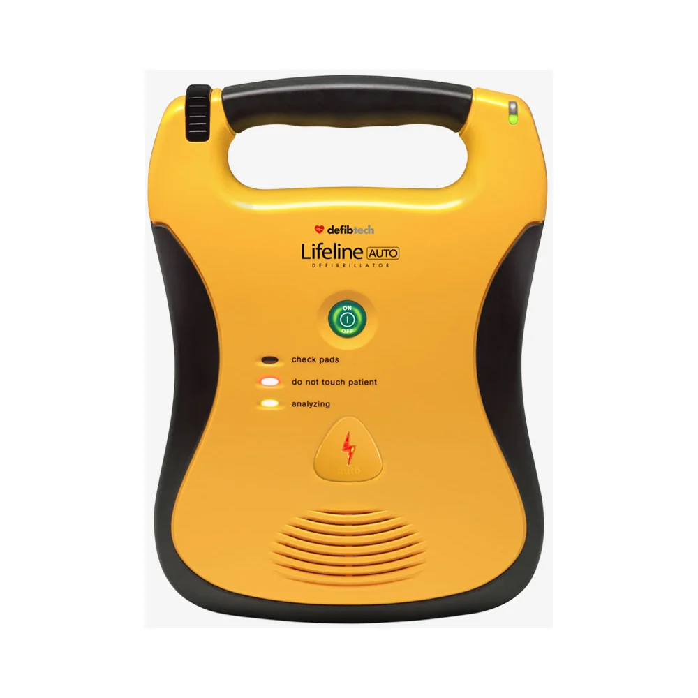 Desfibrilador externo totalmente automático Defibtech Lifeline AUTO DDU-120, carcasa amarilla y negra con un único botón de encendido