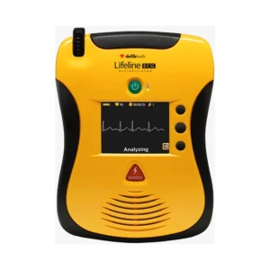 Desfibrilador externo semiautomático Defibtech Lifeline ECG DDU-2450 mostrando trazado de ECG en la pantalla a color, carcasa amarilla y negra