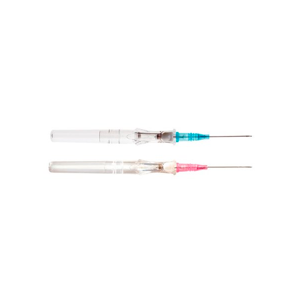 Catéteres BD Insyte Autoguard azul 22G y rosado 20G con clip de bioseguridad para prevenir punciones accidentales