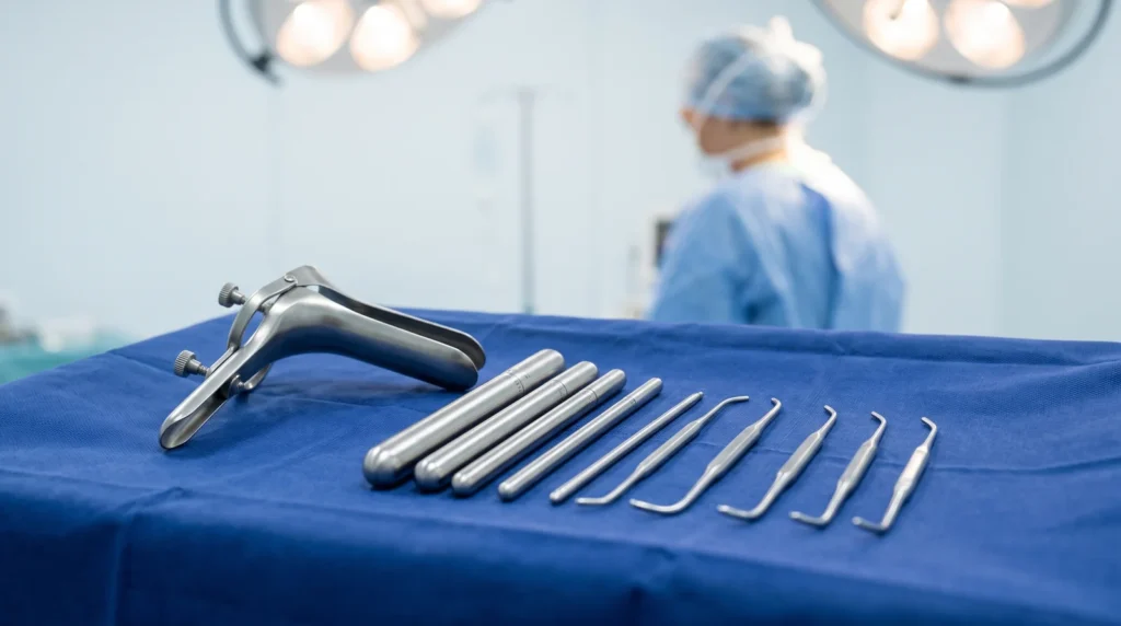 Set ginecológico con espéculo, dilatadores y curetas