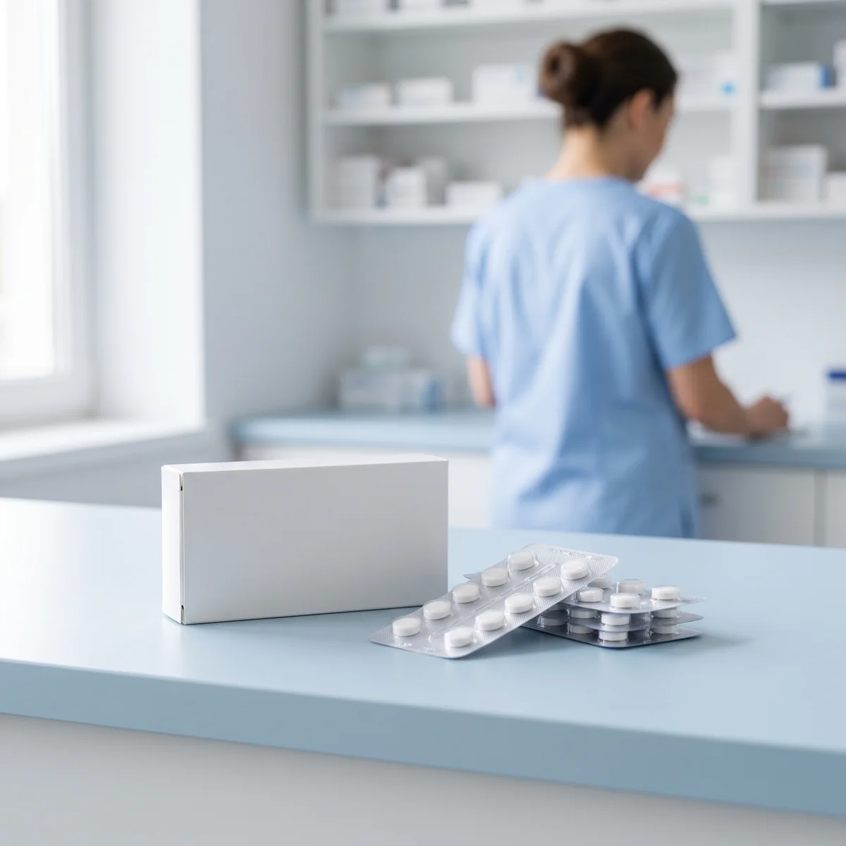 Blísteres de tabletas analgésicas sobre mostrador de farmacia
