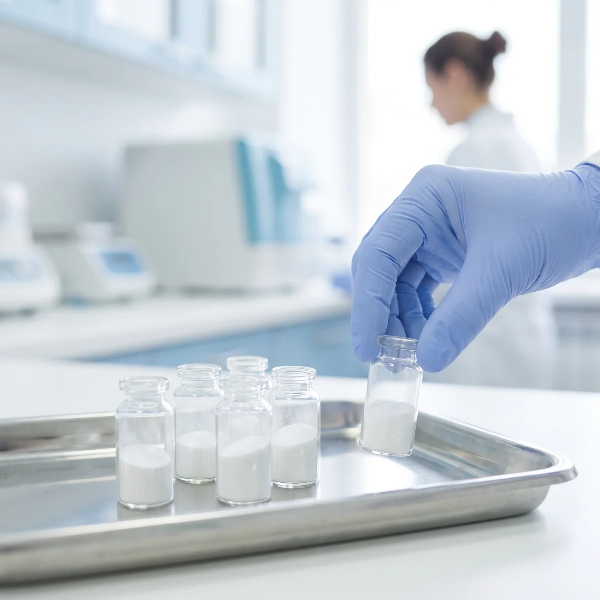 Viales de antibiótico en polvo para solución inyectable sobre bandeja de acero