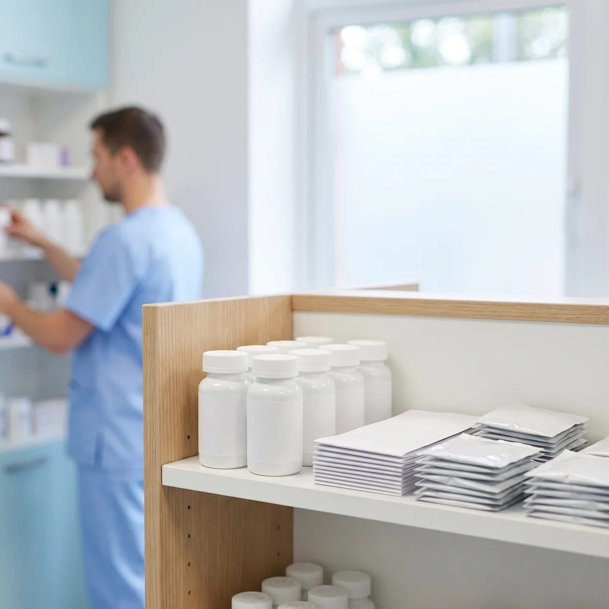 Frascos de solución oral y sobres en estante de farmacia